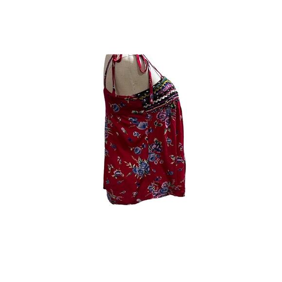 Free People Shoulder Ties Boho Red Multicolor Floral Sequin Beaded Tank Sz Med - Picture 14 of 16